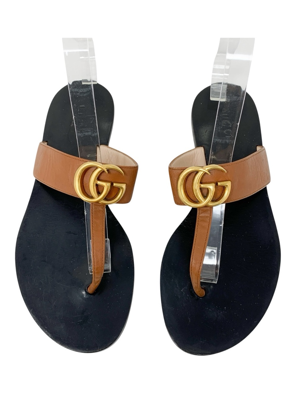 Gucci Marmont GG Brown Leather Thong Sandals Gold Logo Flats EU 37.5
